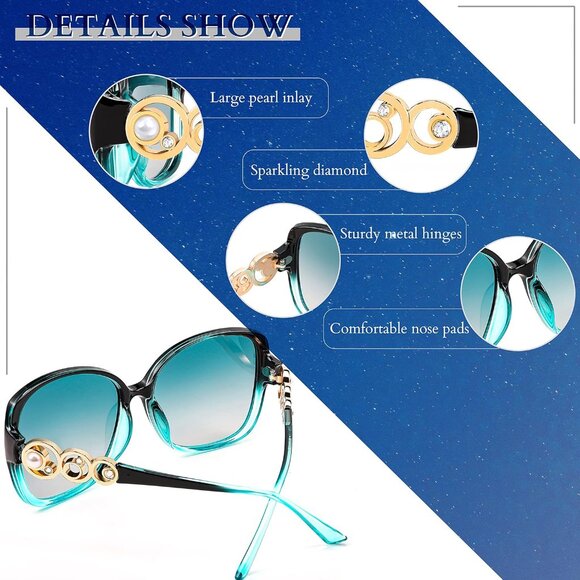 Women's Fashion Square Sunglasses Frame Pearl Sparkling Eyes Protection - Picture 5 of 14